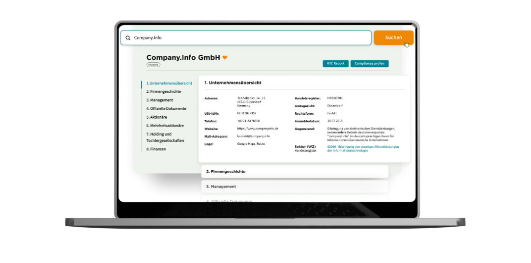 Illustration des Company.info Dashboards mit aktuellen Unternehmens- und Registerdaten zur Unterstützung von KYC-, AML- und Compliance-Prüfungen