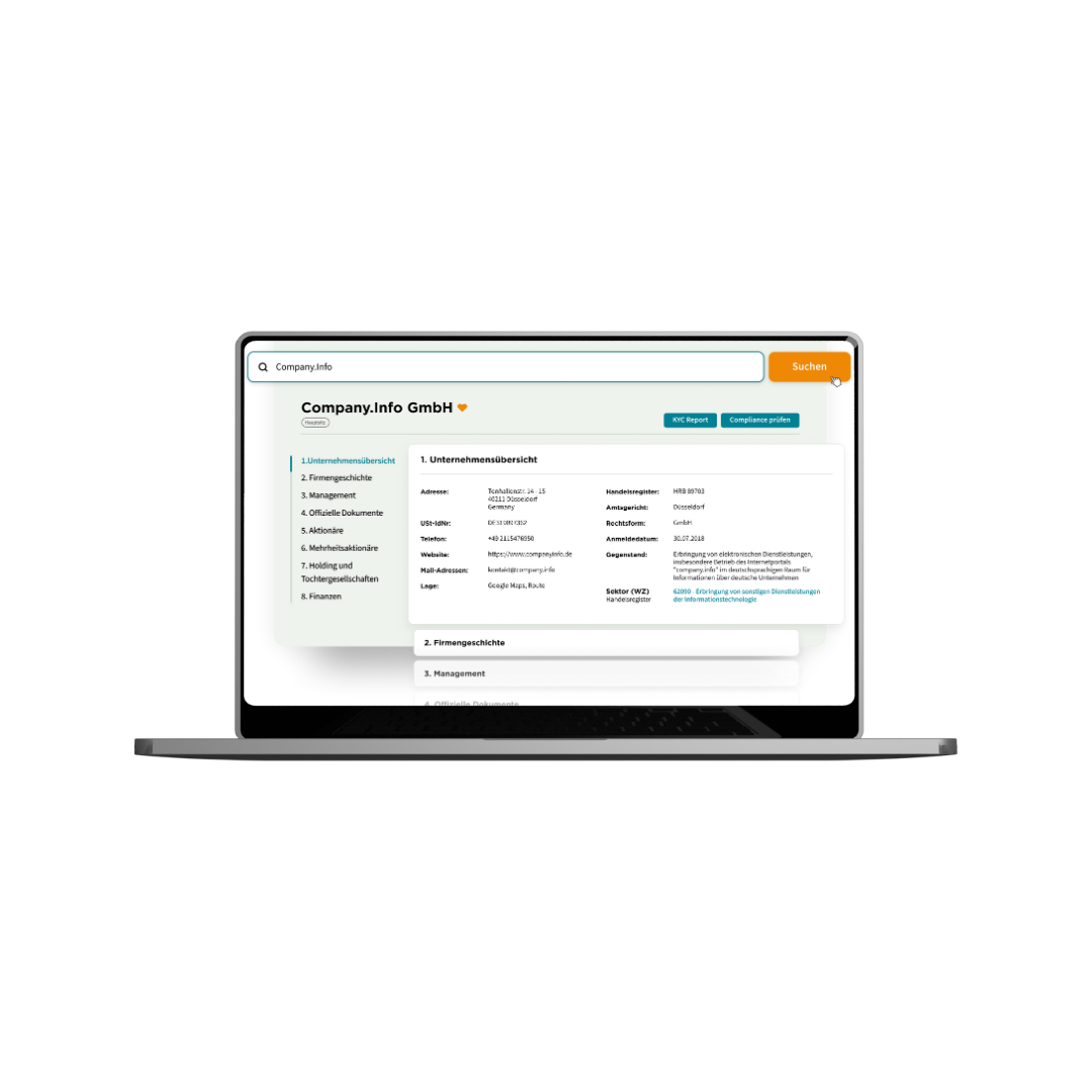 Illustration des Company.info Dashboards mit aktuellen Unternehmens- und Registerdaten zur Unterstützung von KYC-, AML- und Compliance-Prüfungen