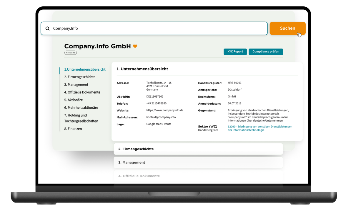 Illustration des Company.info Dashboards mit aktuellen Unternehmens- und Registerdaten zur Unterstützung von KYC-, AML- und Compliance-Prüfungen