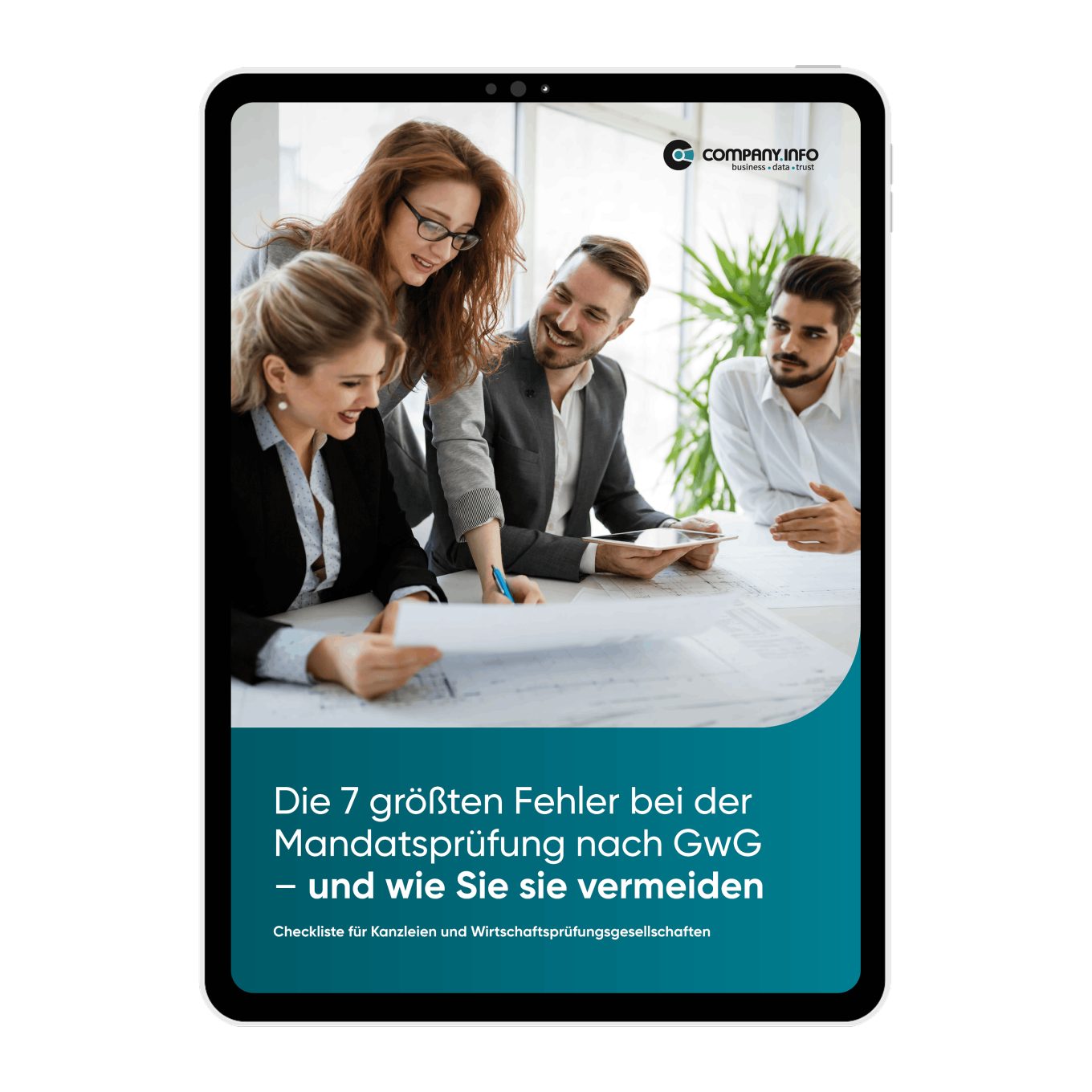 Cover der Checkliste „Die 7 größten Fehler bei der Mandatsprüfung nach GwG“ mit einem Kanzlei-Team, das gemeinsam Unterlagen prüft.