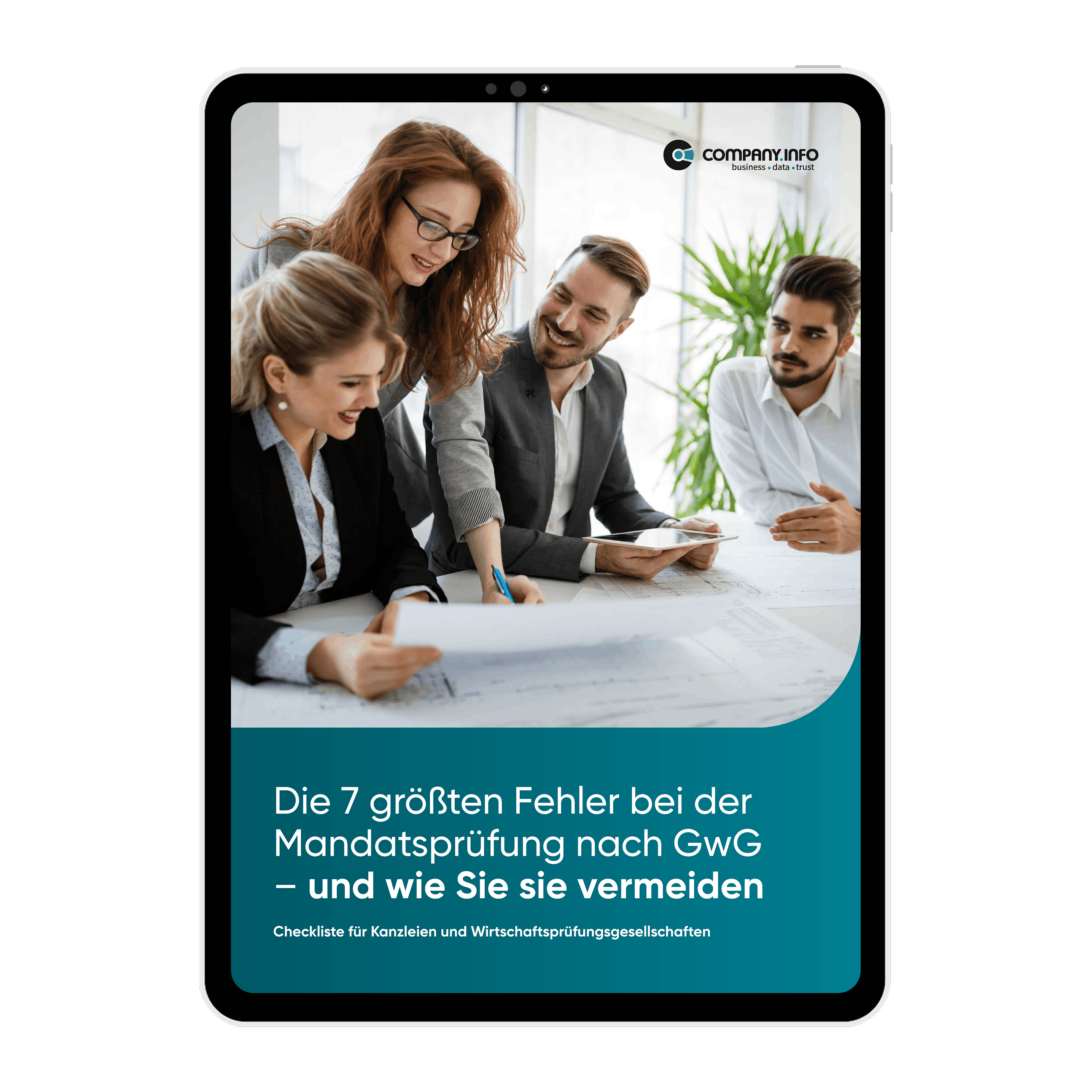 Cover der Checkliste „Die 7 größten Fehler bei der Mandatsprüfung nach GwG“ mit einem Kanzlei-Team, das gemeinsam Unterlagen prüft.
