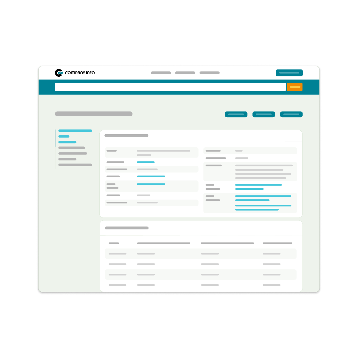 Illustration des Company.info Portals mit Unternehmensübersicht, Navigationsseitenleiste und strukturierten Unternehmensdaten
