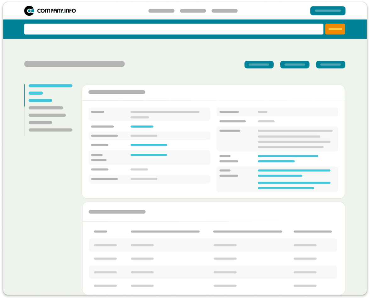Illustration des Company.info Portals mit Unternehmensübersicht, Navigationsseitenleiste und strukturierten Unternehmensdaten
