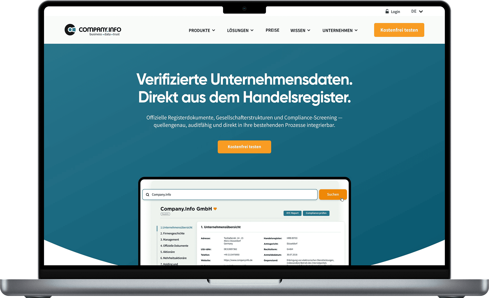 company.info – Portal Homepage, MacBook Pro Mockup